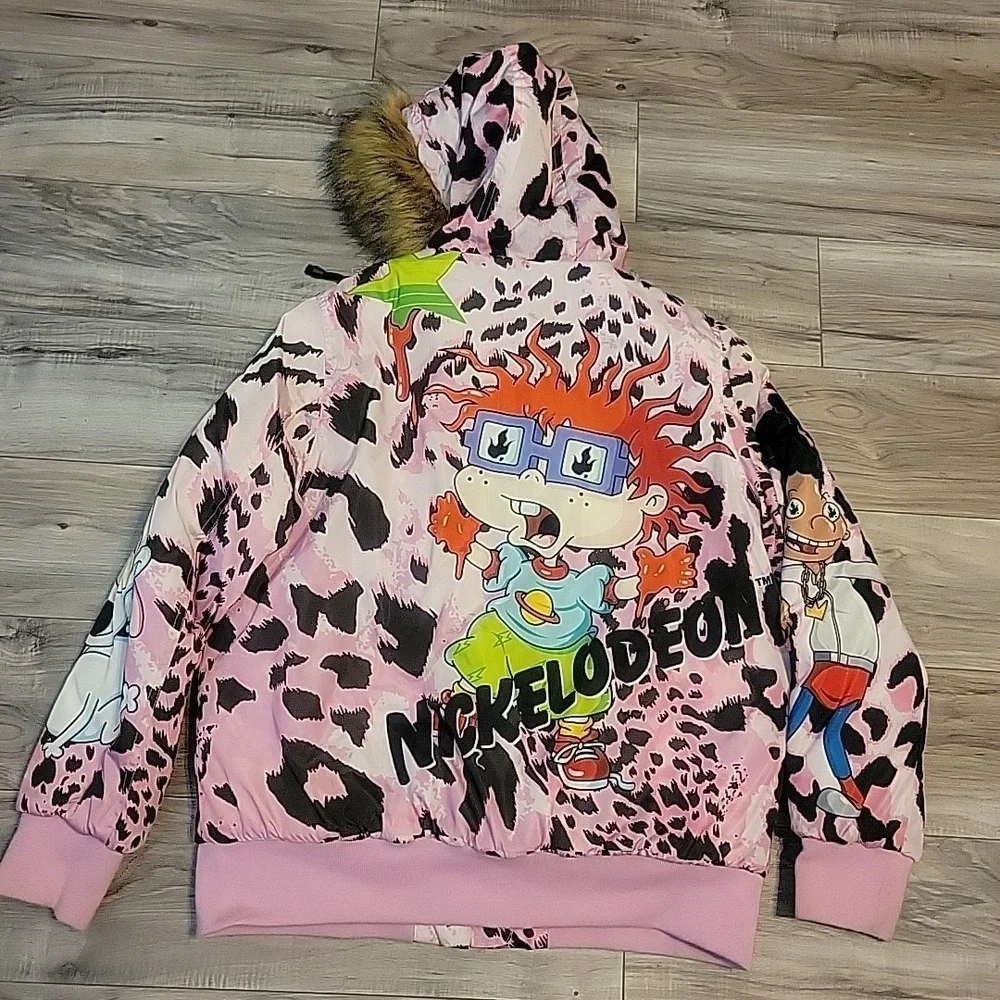Members Only Nickelodeon Rug Rats Cat Dog Arnold Rocko Fur Pink Puffer Jacket L - Picture 3 of 10